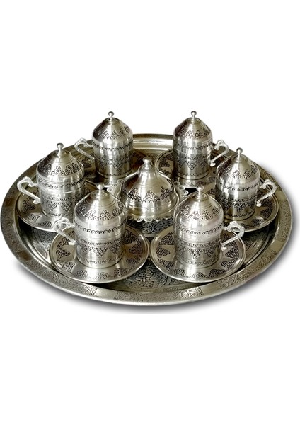 Bakır Ymn Bakircilik Üzüm Işlemeli (El Yapımı) 6 Kişilik Bakır Türk Kahvesi Fincan Takımı