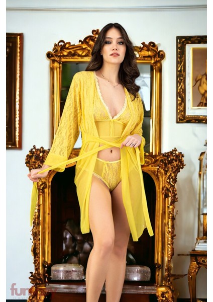 Sarı Dantelli Bralet Sütyen Sabahlık Gecelik Takım