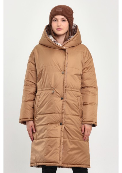 Çift Taraflı Kapüşonlu Uzun Şişme Mont AD-K50458LNW