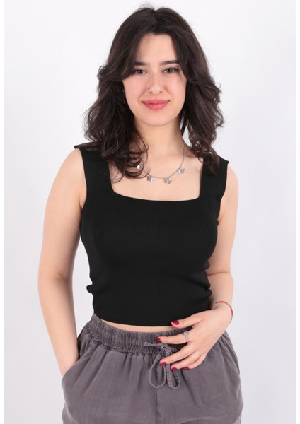 24Y0327K1 Kadın Kare Yaka Fitilli Crop Örme Bluz