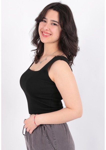24Y0327K1 Kadın Kare Yaka Fitilli Crop Örme Bluz
