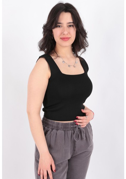 24Y0327K1 Kadın Kare Yaka Fitilli Crop Örme Bluz