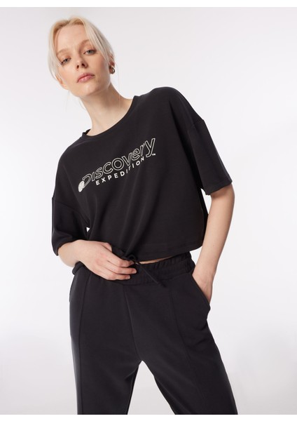 Siyah Kadın Bisiklet Yaka Oversize Baskılı T-Shirt D4SL-TST3043