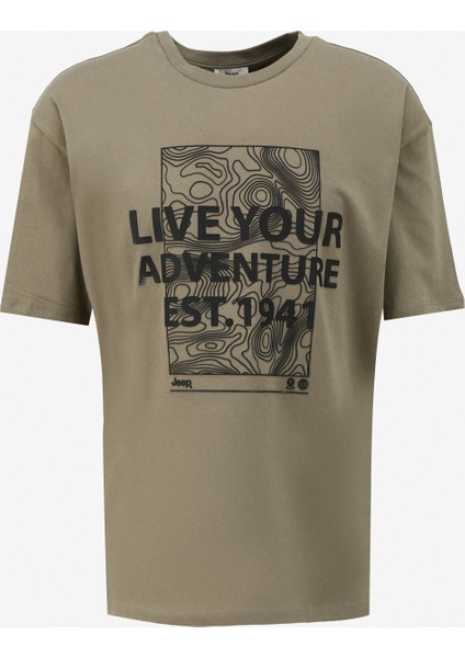 Haki Erkek Bisiklet Yaka Loose Fit Baskılı T-Shirt C4SM-TST4533