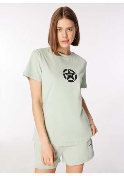 Su Yeşili Kadın Bisiklet Yaka Basic Baskılı T-Shirt J4SL-TST7030