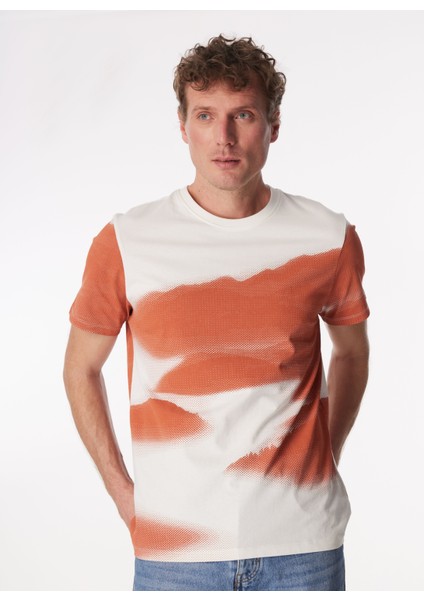 Kırık Beyaz Erkek Bisiklet Yaka Relaxed Batik T-Shirt F4SM-TST 0206