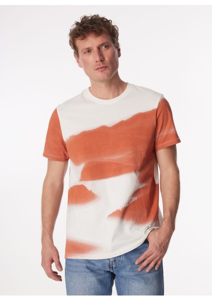 Kırık Beyaz Erkek Bisiklet Yaka Relaxed Batik T-Shirt F4SM-TST 0206