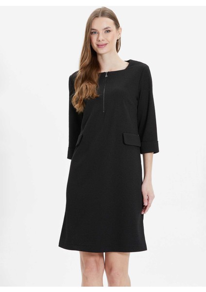 U Yaka Desenli Siyah Standart Kadın Elbise 24YSL7470