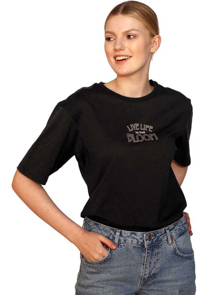 O Yaka Baskılı Siyah Kadın T-Shirt 242 Lcf 242011 Lades Siyah