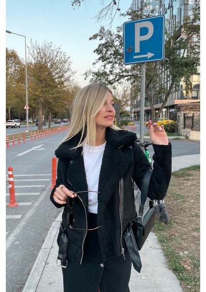 Siyah Kemerli Süet Mont