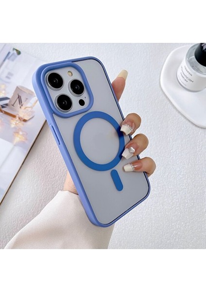 iPhone 12 Pro Max Kılıf Sararmaz Renkli Magsafe Destekli Silikon Kapak Kılıf Açık Mavi
