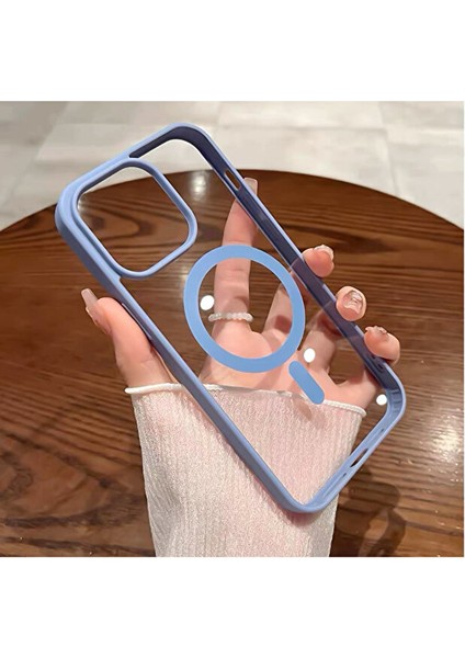 iPhone 13 Pro Max Kılıf Sararmaz Renkli Magsafe Destekli Silikon Kapak Kılıf Açık Mavi