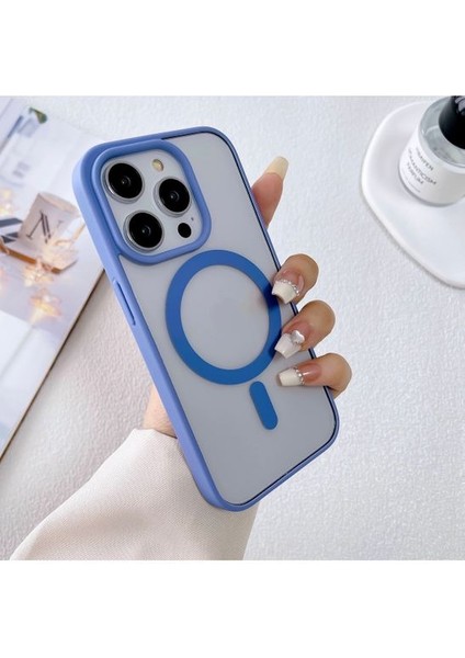 iPhone 13 Pro Max Kılıf Sararmaz Renkli Magsafe Destekli Silikon Kapak Kılıf Açık Mavi