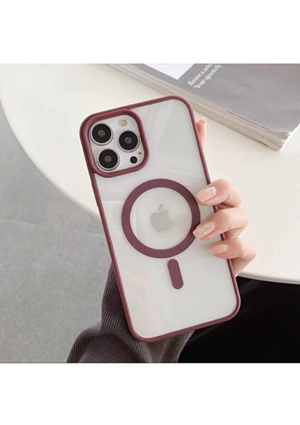 iPhone 14 Pro Max Kılıf Sararmaz Renkli Magsafe Destekli Silikon Kapak Kılıf Bordo