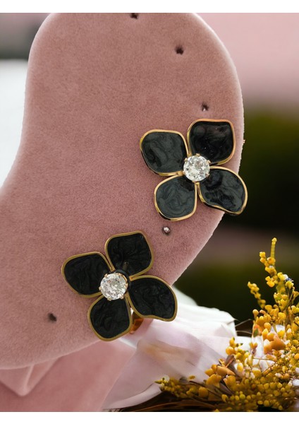 316L Gold Çelik Siyah Sedefli Zirkon Taşlı Çiçek Küpe
