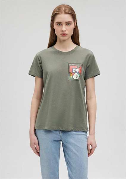 M1612403-80692 Açık Haki Kadın Semi Slim Kedı Baskılı T-Shirt