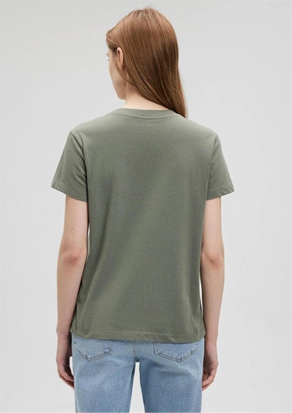 M1612403-80692 Açık Haki Kadın Semi Slim Kedı Baskılı T-Shirt