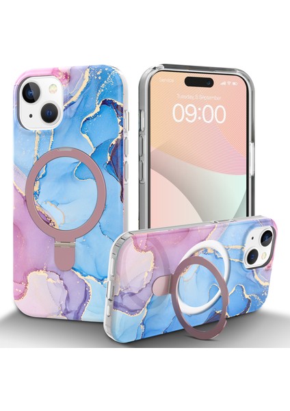 iPhone 15 Plus Manyetik Mermer Desen Pc+Tpu Cover Telefon Kılıfı (Yurt Dışından)