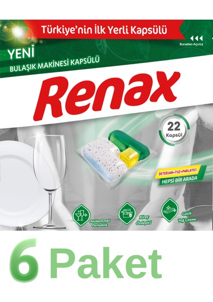 Renax Bulaşık Makinesi Kapsülü 22'li x 6 Paket