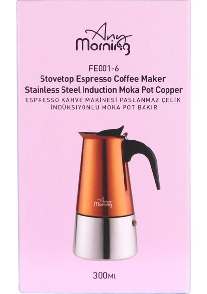 Any Morning FE001-6 Espresso Kahve Makinesi Paslanmaz Çelik Indüksiyonlu Moka Pot 300 ml Bakır