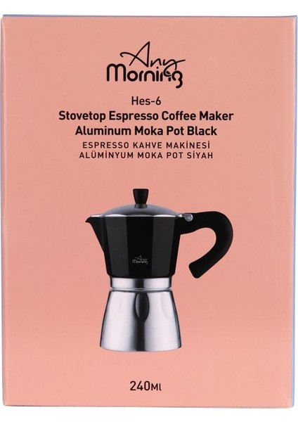 Any Morning Hes-6 Espresso Kahve Makinesi Alüminyum Moka Pot 240 ml Siyah