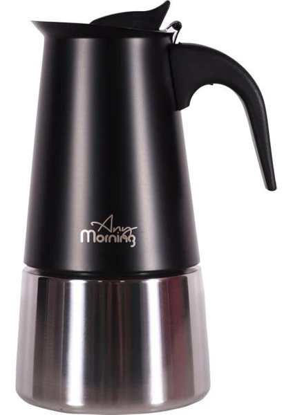 Any Morning FE001-6 Espresso Kahve Makinesi Paslanmaz Çelik Indüksiyonlu Moka Pot 300 ml Siyah