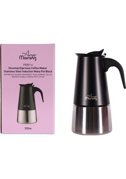 Any Morning FE001-6 Espresso Kahve Makinesi Paslanmaz Çelik Indüksiyonlu Moka Pot 300 ml Siyah