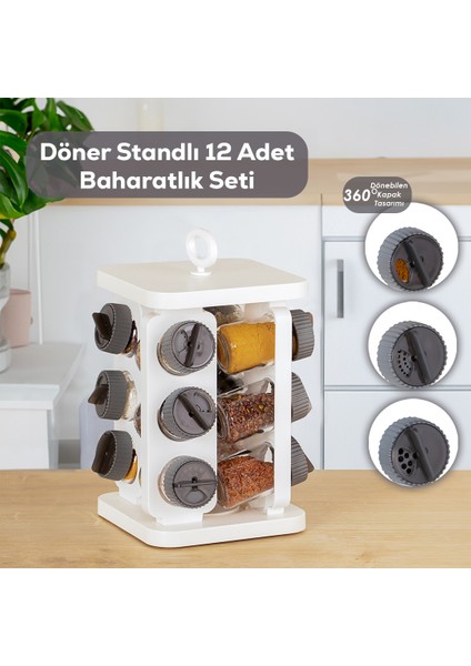 1081 Kare Prizma Döner Standlı Döner Kapaklı 12'li Cam Baharatlık-Düzenleyici Organizer -Standlı Baharatlık