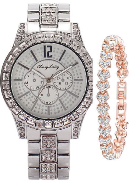 Saat+Bilezik Set Bayan Pırlantalı Çelik Kordonlu Saat (Yurt Dışından)