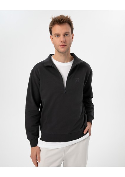 Antrasit Erkek Organik Pamuk Yarı Fermuarlı V Yaka Dik Yaka Sweatshirt