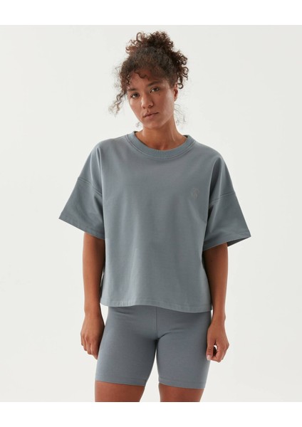 Kadın Mavi Sweat-Tee - Gots Sertifikalı Organik Pamuk, İçi Şardonlu, Kısa Kollu, Bisiklet Yaka, Günlük ve Spor Kullanım İçin Rahat Sweatshirt Tişört