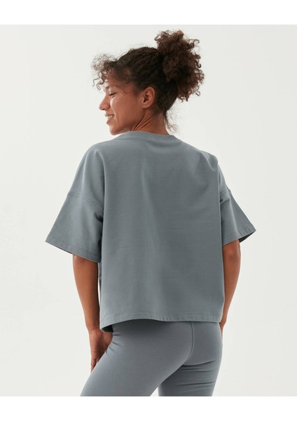 Kadın Mavi Sweat-Tee - Gots Sertifikalı Organik Pamuk, İçi Şardonlu, Kısa Kollu, Bisiklet Yaka, Günlük ve Spor Kullanım İçin Rahat Sweatshirt Tişört fiyatları