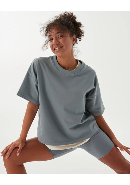 Kadın Mavi Sweat-Tee - Gots Sertifikalı Organik Pamuk, İçi Şardonlu, Kısa Kollu, Bisiklet Yaka, Günlük ve Spor Kullanım İçin Rahat Sweatshirt Tişört modelleri