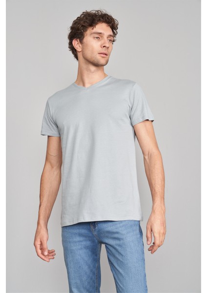 Çetinkaya Mentality 2772V V Yaka Basic T-Shirt Açık Gri