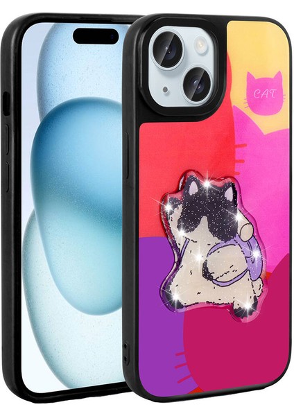- Apple iPhone 15 - Kılıf Parlayan Kabartmalı İkonik Figürlü Amas Silikon Kapak - Mor
