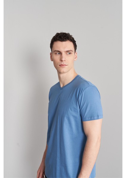 Çetinkaya Mentality 2772V V Yaka Basic T-Shirt Açık Indigo