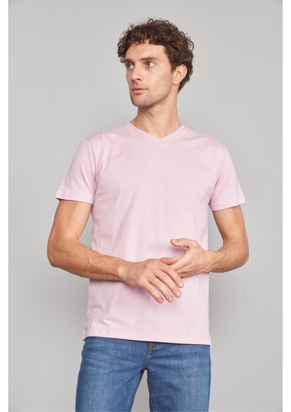 Çetinkaya Mentality 2772 Erkek V Yaka Basic T-Shirt Açık Pembe