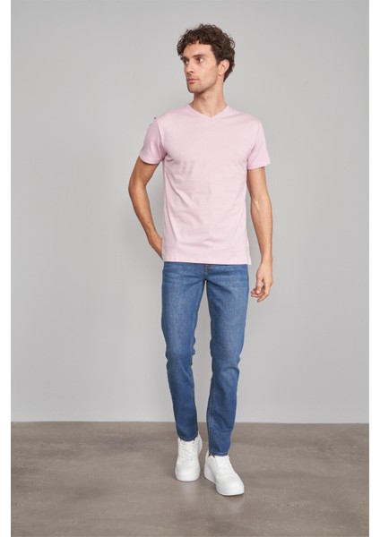 Çetinkaya Mentality 2772 Erkek V Yaka Basic T-Shirt Açık Pembe