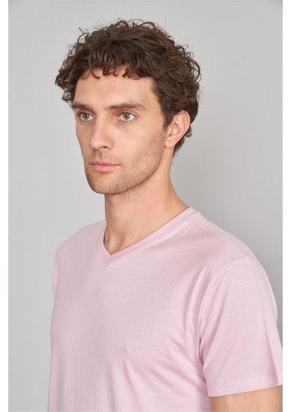 Çetinkaya Mentality 2772 Erkek V Yaka Basic T-Shirt Açık Pembe