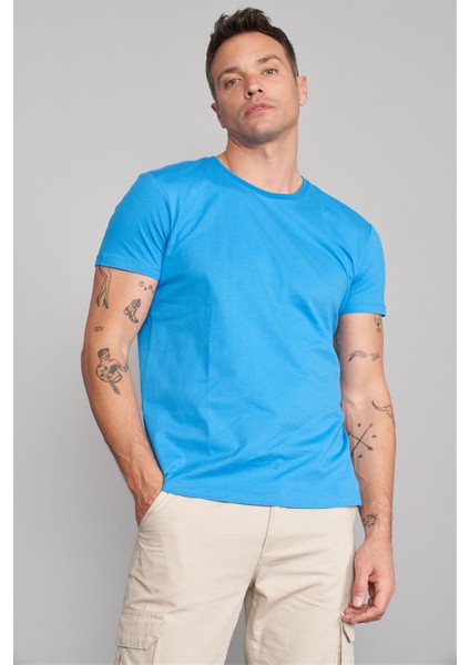 Çetinkaya Mentality 2772 Erkek Bisiklet Yaka Basic T-Shirt Kobalt