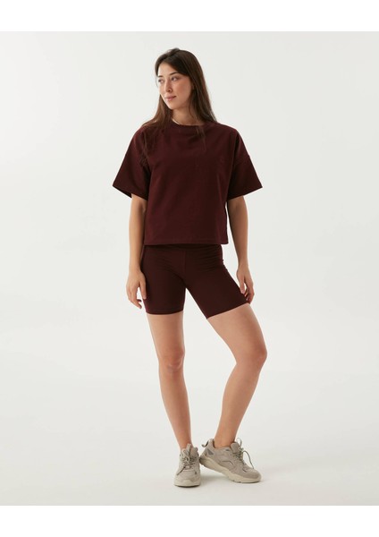 Kadın Bordo Kahverengi Sweat-Tee - Gots Sertifikalı Organik Pamuk, İçi Şardonlu, Kısa Kollu, Bisiklet Yaka, Günlük ve Spor Kullanım İçin Rahat Sweatshirt Tişört