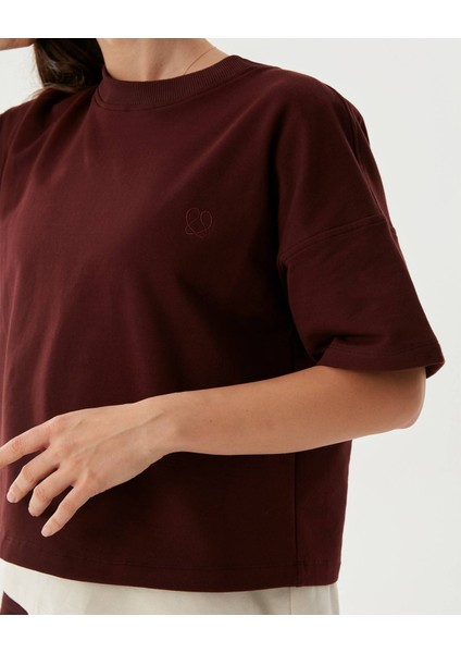 Kadın Bordo Kahverengi Sweat-Tee - Gots Sertifikalı Organik Pamuk, İçi Şardonlu, Kısa Kollu, Bisiklet Yaka, Günlük ve Spor Kullanım İçin Rahat Sweatshirt Tişört fiyatları