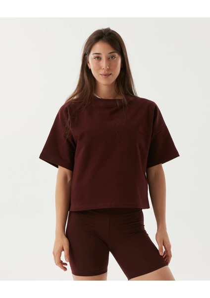 Kadın Bordo Kahverengi Sweat-Tee - Gots Sertifikalı Organik Pamuk, İçi Şardonlu, Kısa Kollu, Bisiklet Yaka, Günlük ve Spor Kullanım İçin Rahat Sweatshirt Tişört modelleri