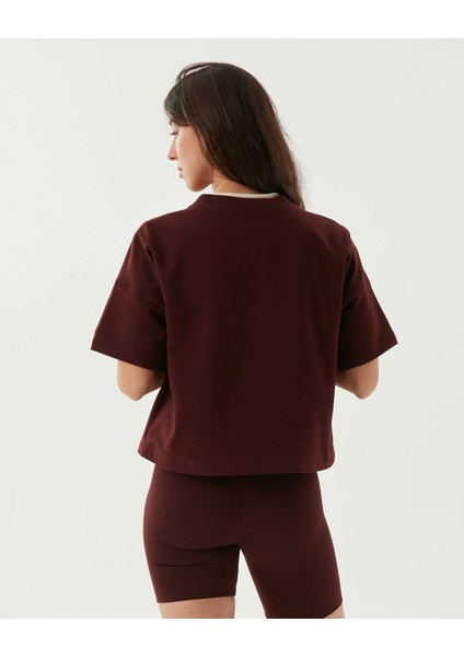 Kadın Bordo Kahverengi Sweat-Tee - Gots Sertifikalı Organik Pamuk, İçi Şardonlu, Kısa Kollu, Bisiklet Yaka, Günlük ve Spor Kullanım İçin Rahat Sweatshirt Tişört fırsatları