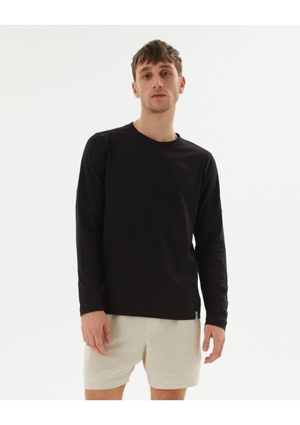 Erkek Siyah Uzun Kollu T-Shirt - Organik Pamuk, Çift Kat Omuz Paneli, Bisiklet Yaka, Nefes Alan İnce Katman