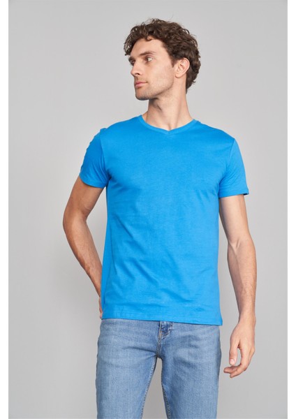 Çetinkaya Mentality 2772 Erkek V Yaka Basic T-Shirt Kobalt