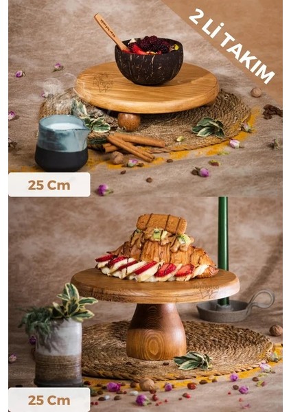 Justwood 2 Li Risus&lucca Top Ayaklı 25 cm ve 25 Ahşap Yuvarlak Pasta Sunum Servis Tabağı Seti