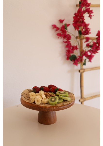 Justwood 2 Li Risus&lucca Top Ayaklı 25 cm ve 25 Ahşap Yuvarlak Pasta Sunum Servis Tabağı Seti