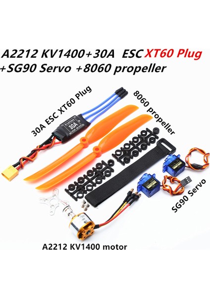 A2212 1400KV Fırçasız Motor 30A Esc XT60 Fiş SG90 9g Mini Servo 8060 Pervane Rc Sabit Kanatlı Uçak Helikopter (Yurt Dışından)