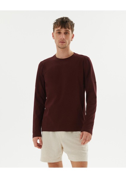 Erkek Bordo Kahverengi Uzun Kollu T-Shirt - Organik Pamuk, Çift Kat Omuz Paneli, Bisiklet Yaka, Nefes Alan İnce Katman